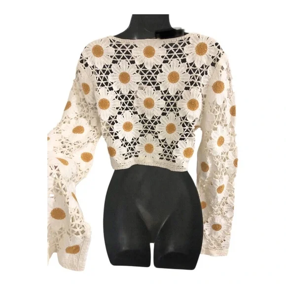 Jessica Simpsom cream daisy floral front tie crochet bolero cardigan size XL new - Picture 15 of 15